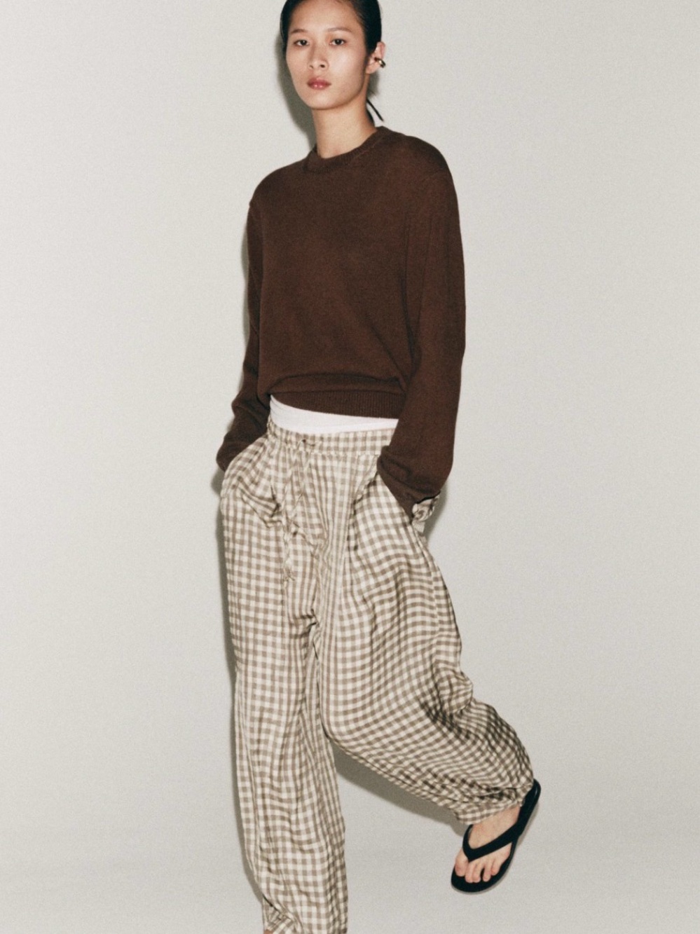 Zara ZW Flowy beige plaid/Gingham pants